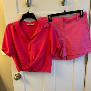 Hot Pink Button-Up Top and Shorts Set